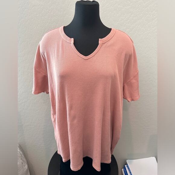 DOWNEAST Pink Waffle Knit Notch Neck Tee Cotton Blend Short Sleeve Top NWT | XL - Picture 2 of 8